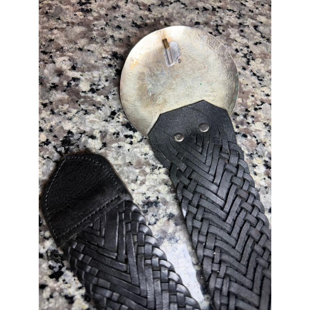 Vintage Wide Black Woven Leather Belt Gold Medallion Buckle Boho Western  M/L - Picture 3 of 9